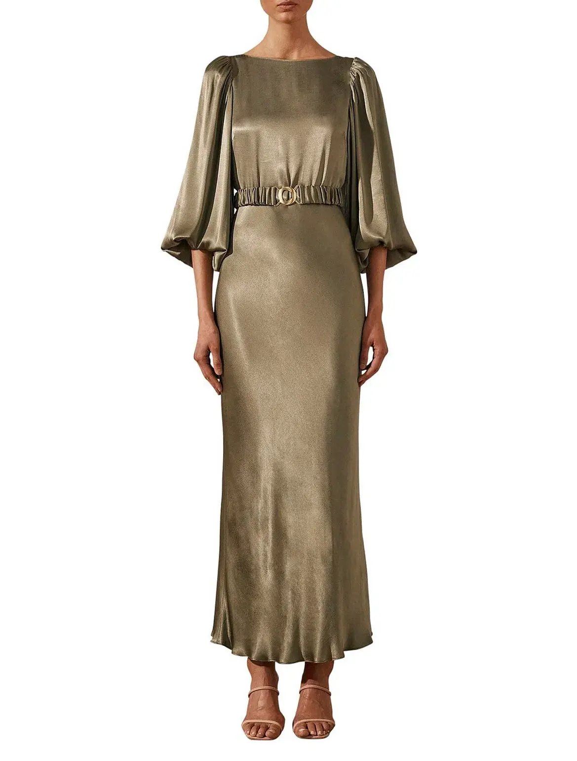 Shona Joy La Lune Balloon Sleeve Midi Dress With Belt in Moss Size 6 / XS photo 2