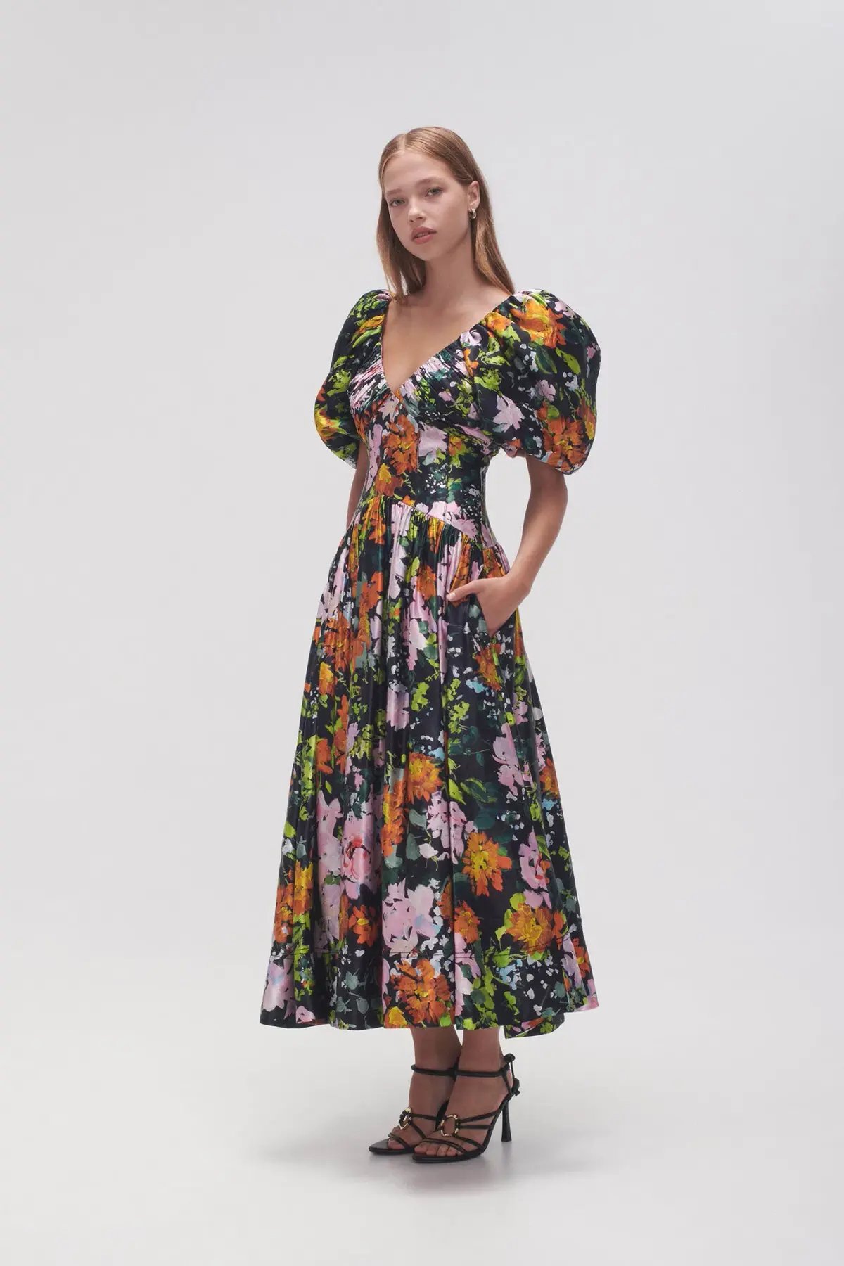 Aje Gabrielle Plunge Midi Dress Midnight Floral Size 8 photo 2
