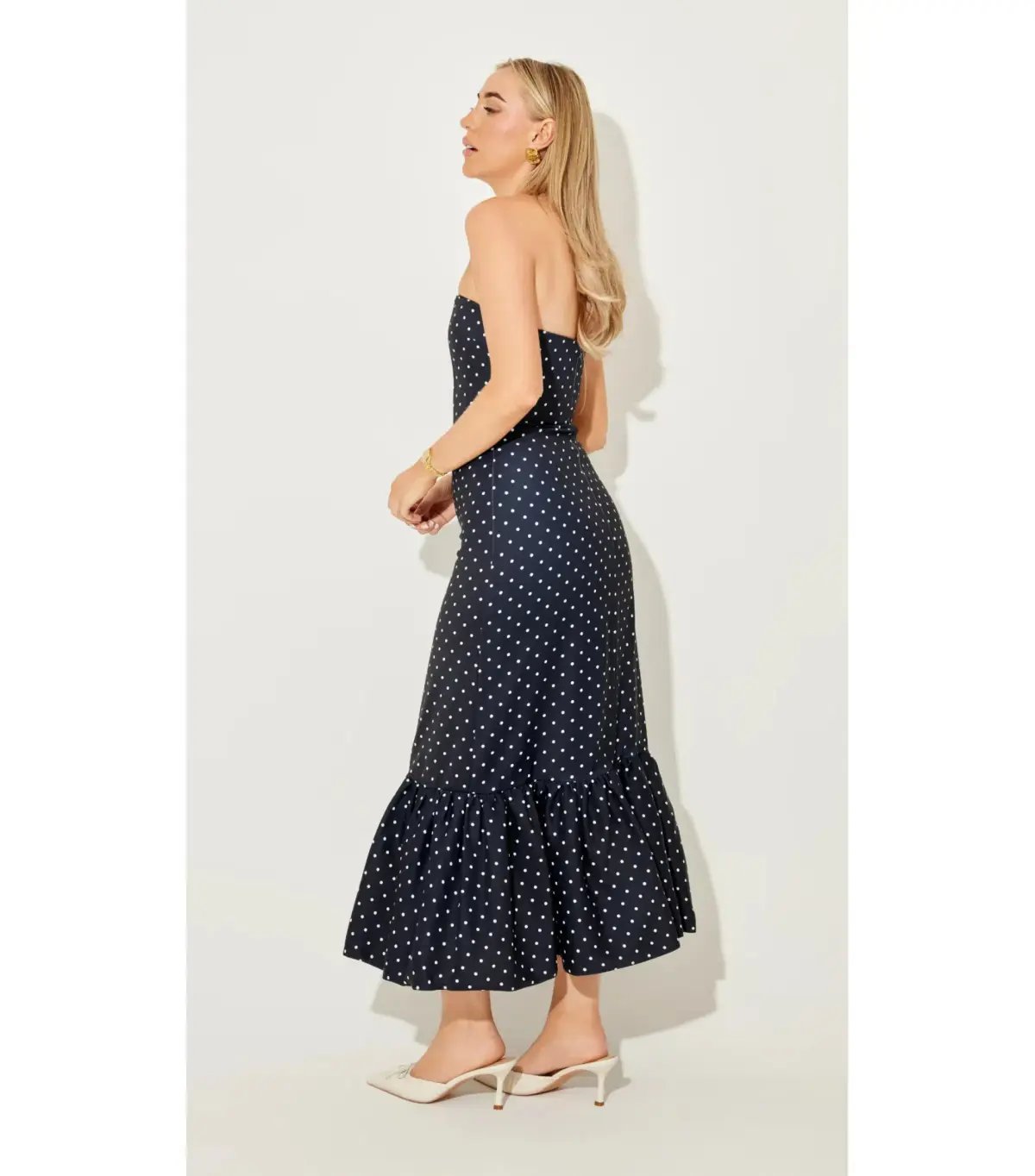 Odd Muse Strapless Peplum Midi Dress in Navy Polka Dot Size M / AU 10 photo 2