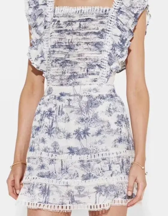 Sir The Label Dahlia Linen Ruffle Mini Dress Blue Palm Tree Print Size AU 12 photo 2