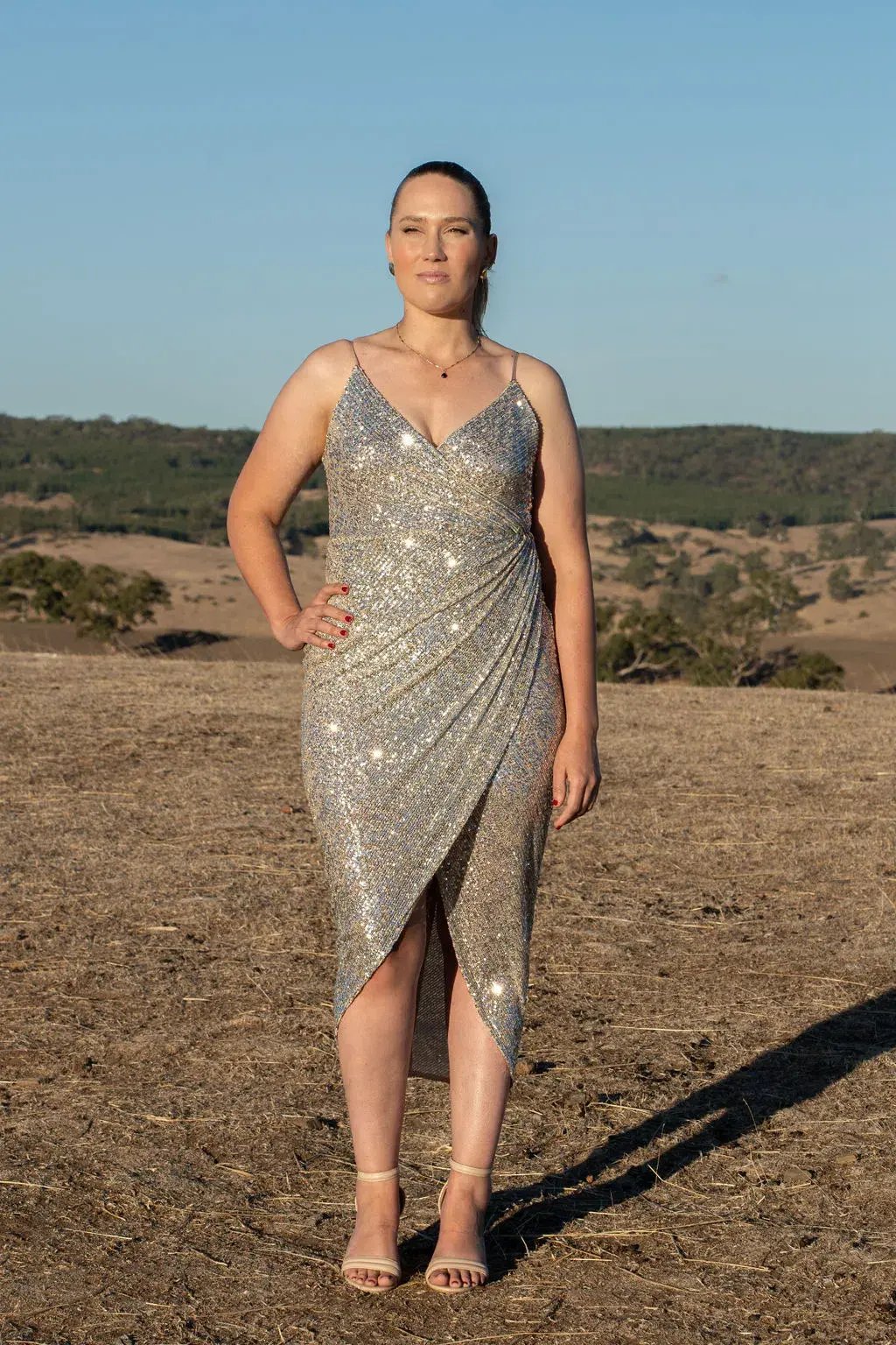 Shona Joy Dress  Sequin Sparkle Drape Front Midi Dress Size 12 photo 2