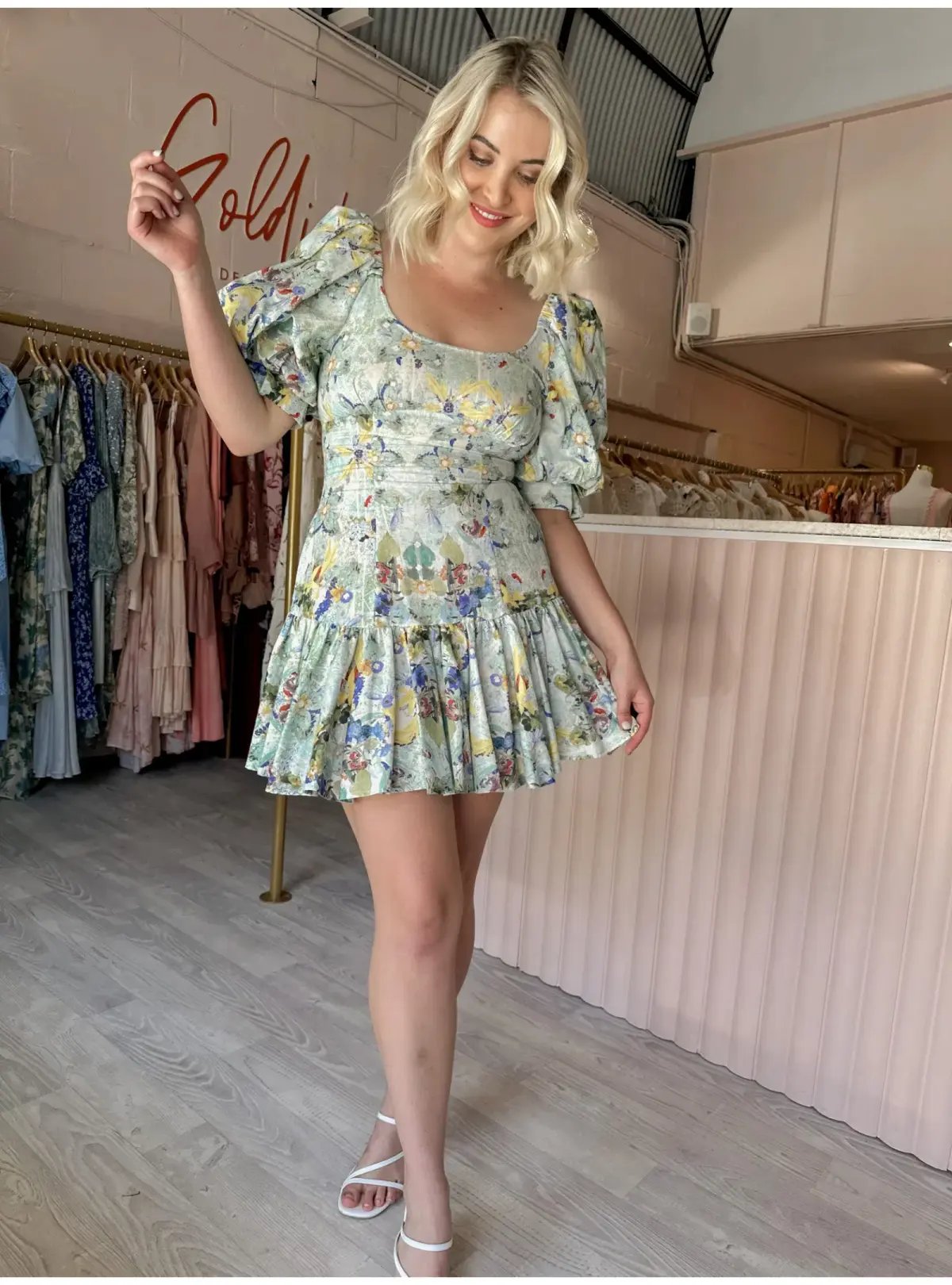 Leo and Lin Verde Puff Sleeve Mini Dress Floral Size AU 12 photo 2