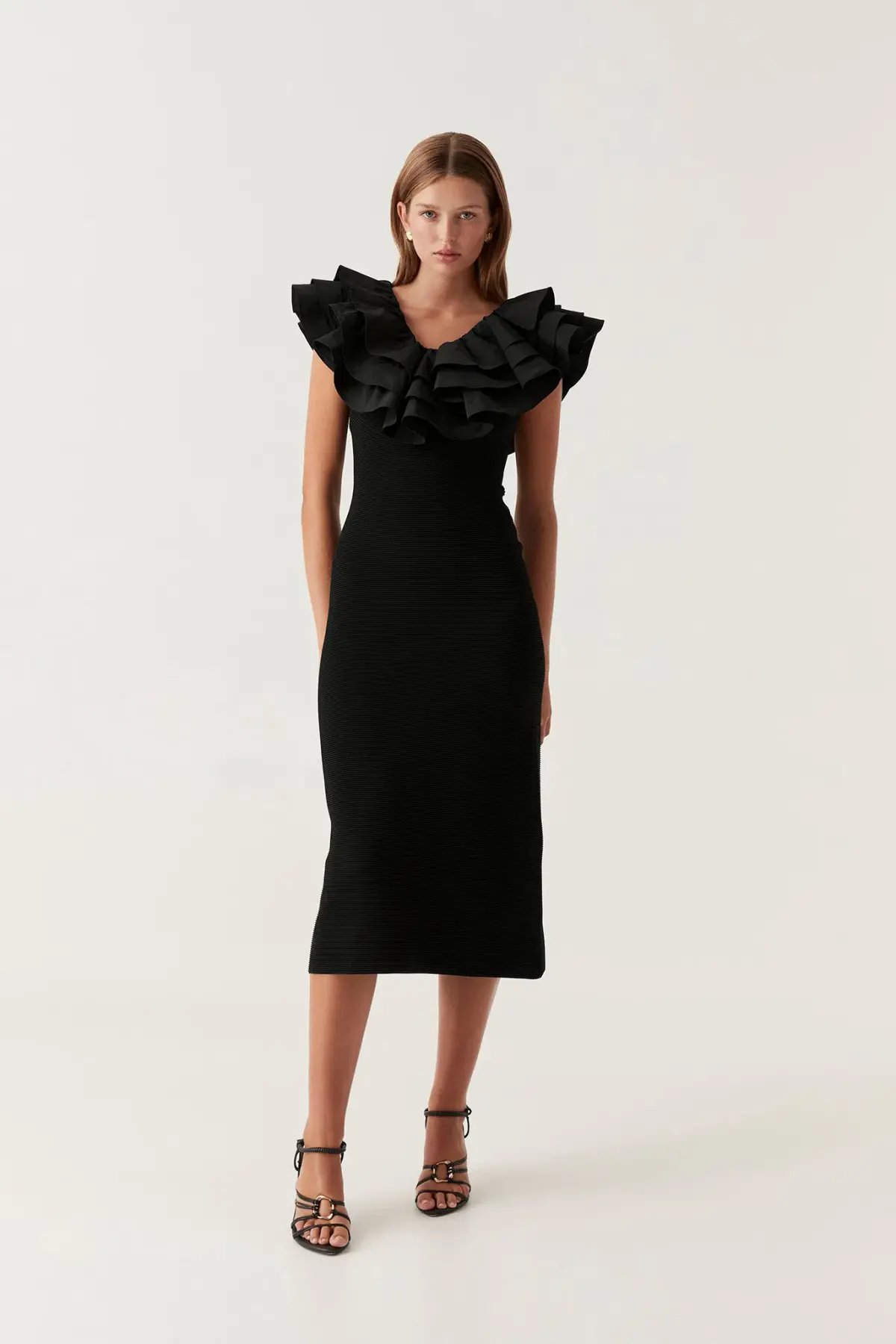 Aje Transcendent Ruffle Midi Dress Black Size L/Au 12 photo 2