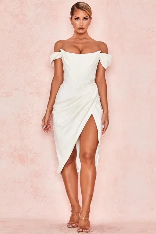 House of CB Loretta Satin Off Shoulder Midi Dress Ivory Size XS / Au 6 photo 3