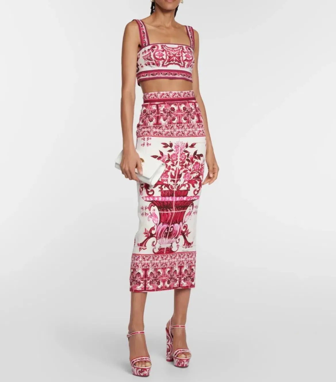 Dolce & Gabbana Majolica Top and Silk Blend Midi Skirt in Red Set Size 10 photo 2