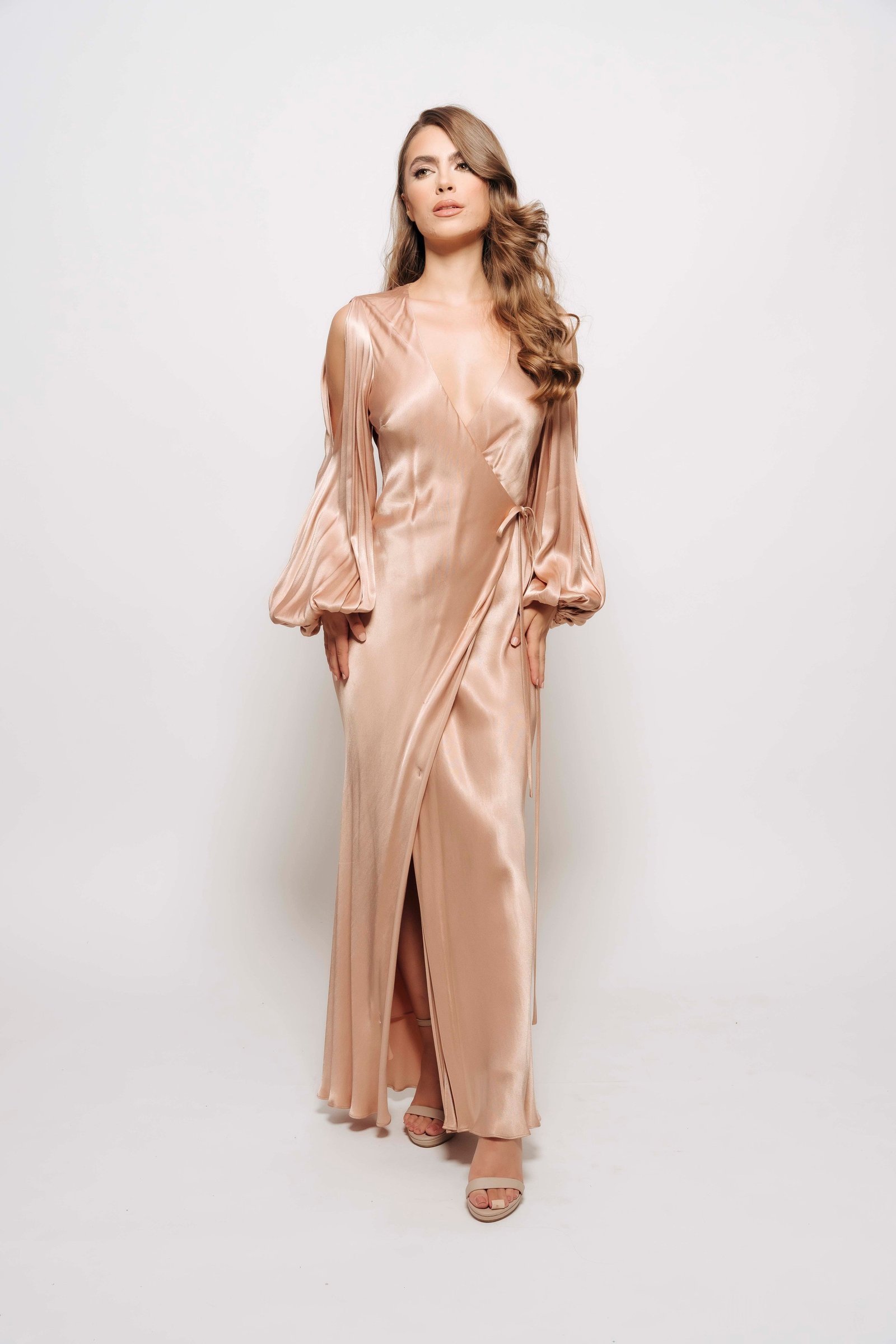 LA LUNE FULL SLEEVE WRAP MIDI DRESS BY SHONA JOY ROSE GOLD photo 4
