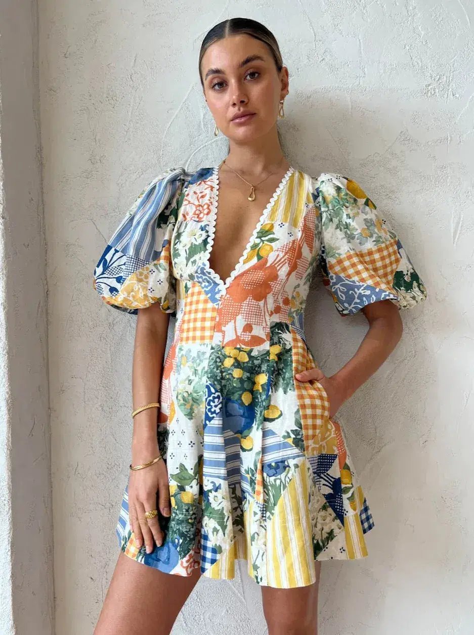 By Nicola Wavy Mini Dress Lemon Patchwork Size 6 photo 7