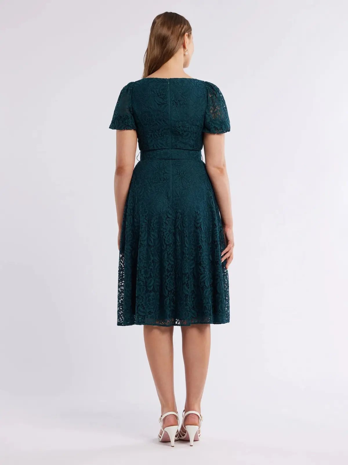 Review Emerald Short Puff Sleeves Avette Lace Knee Length Dress Green Size 12 photo 4