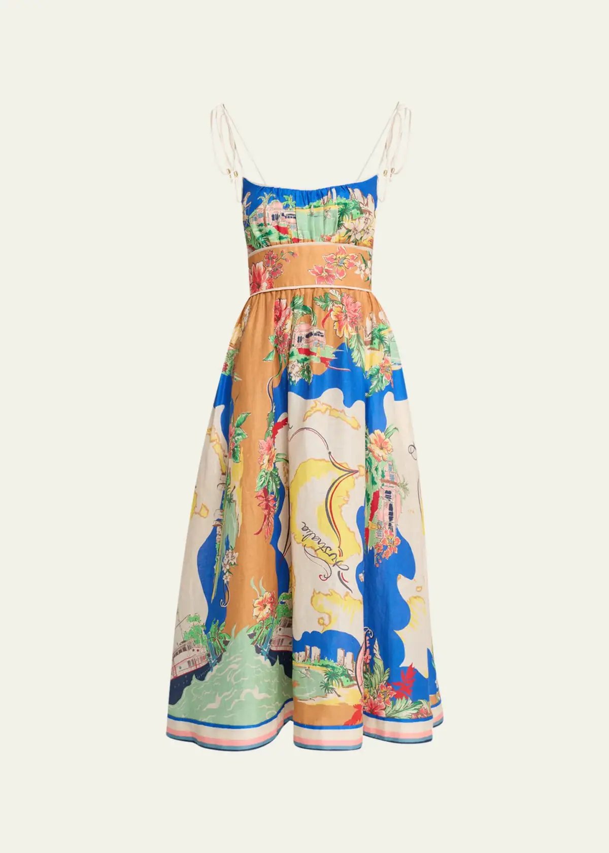 Zimmmermann Alight Picnic Linen Midi Dress Blue Multi Size 1 / AU 10 photo 3