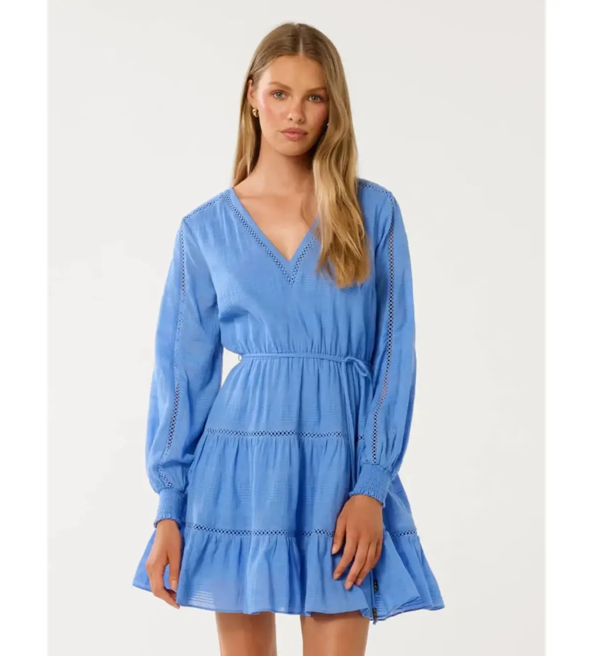 Forever New Raini Long-Sleeve Cotton Mini Dress in Blue Lake Size 14 photo 2