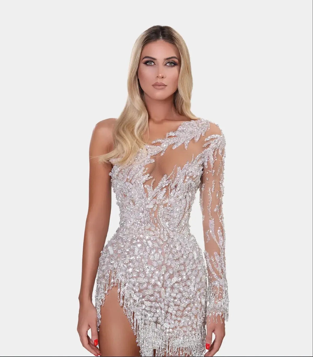 Albina Dyla Short Silver One Sleeved Dress Sequin Size 8 photo 2