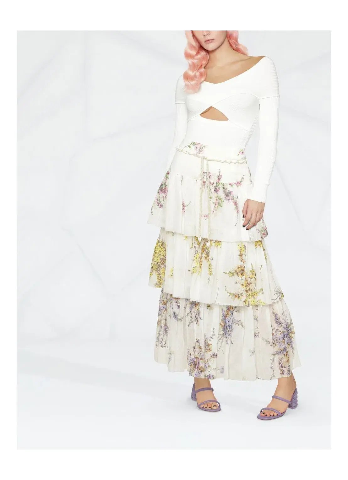 Zimmerman Jude Tiered Midi Skirt White Floral Size 2/ AU 12 photo 3