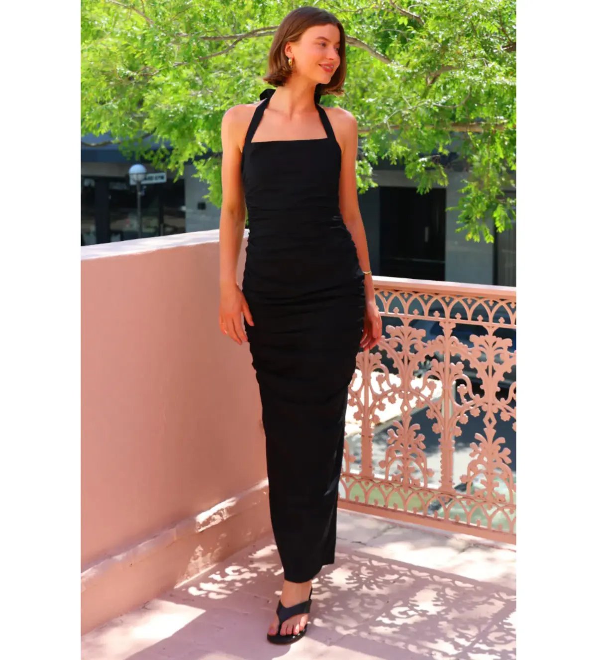 By Nicola Bay Linen Halter Neck Gathered Dress in Black AU 8 photo 2