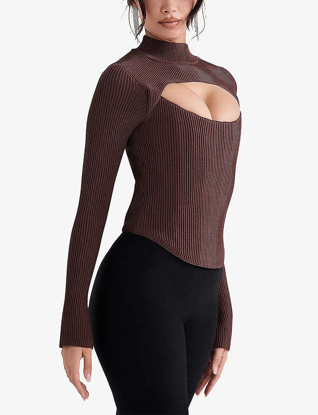 House Of Cb Georgina Cut-out Stretch-knit Top Brown Size XS / AU 6 photo 3