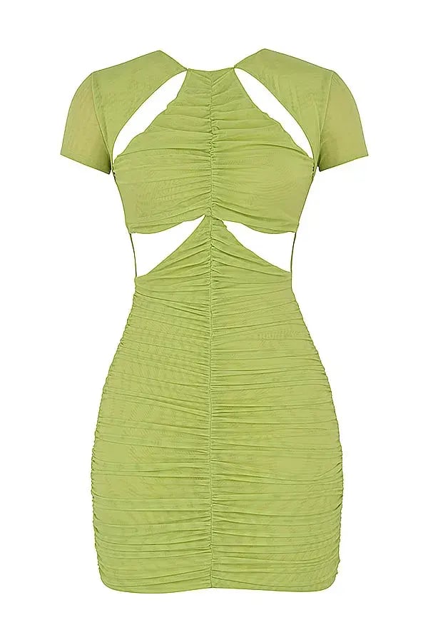 House Of CB Gathered Mesh Cutout Mini Dress Lime Size 10 photo 5