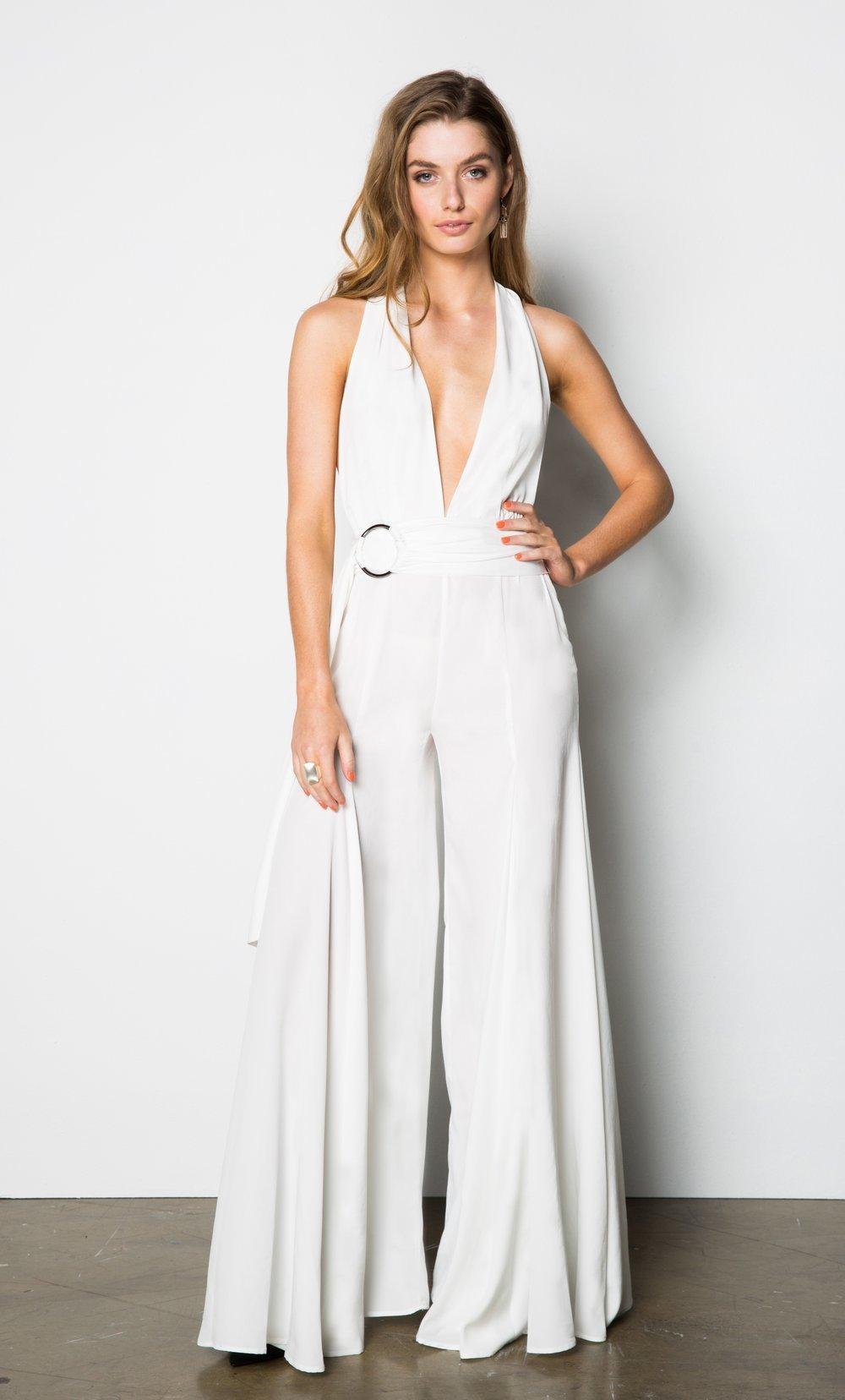 Stanzee Paloma Wide Leg Halter V-Neck Jumpsuit White Size 8 photo 4