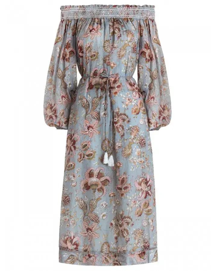 Zimmermann Pavilion Off Shoulder Silk Cotton Smock Midi Dress Floral Size 1 / AU 10 photo 3