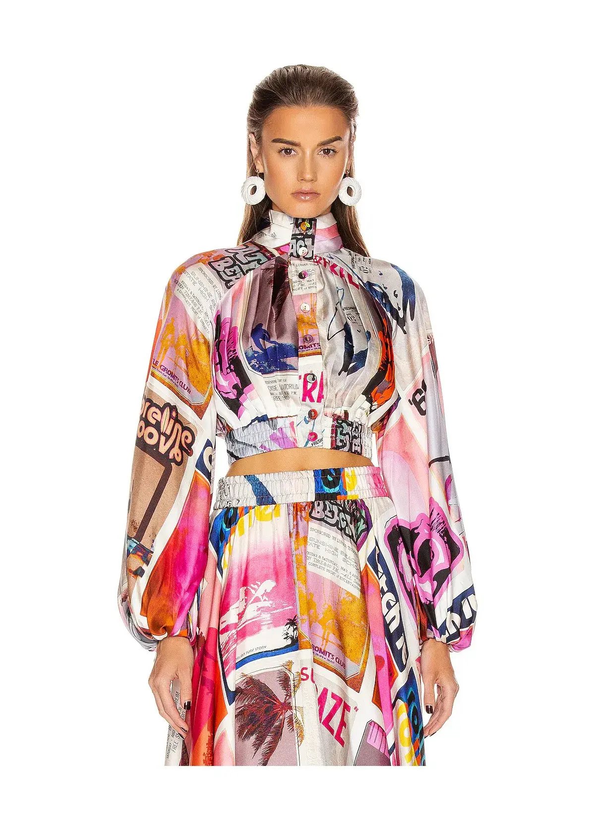 Zimmermann Wavelength High Collar Blouse in Pink Poster Print Size 1 /AU 10 photo 2