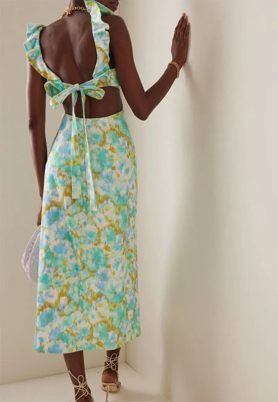 Zimmermann High Tide Frilled Midi Aqua Ikat Floral Size 1/Au 10 photo 2