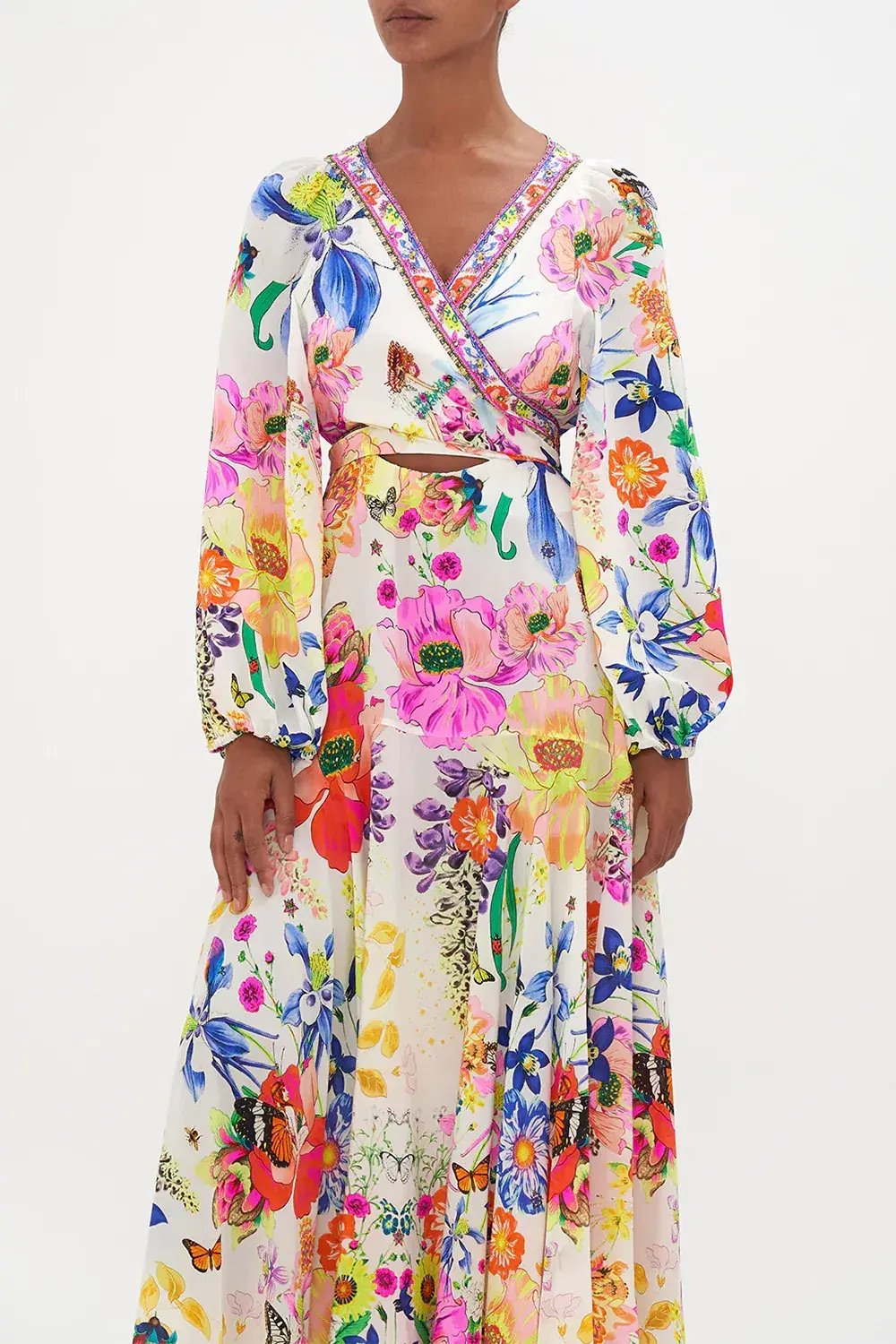 Camilla Wrap Tie Dress With Blouson Sleeve Fairy Gang Floral Size L/ Au 14 photo 4