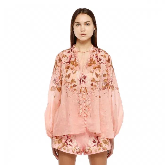 Zimmermann Rosa Tie Blouse Pink Peony Floral Size 0 / AU 8 photo 2
