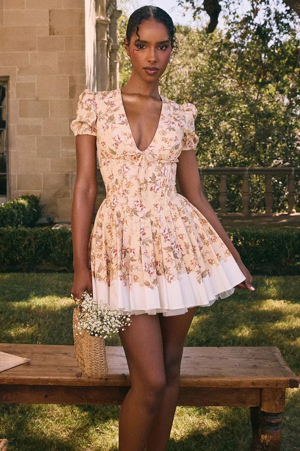 House of CB Imani Pleated Cotton Mini Dress Honeyflower Print Size XS / AU 6 photo 5