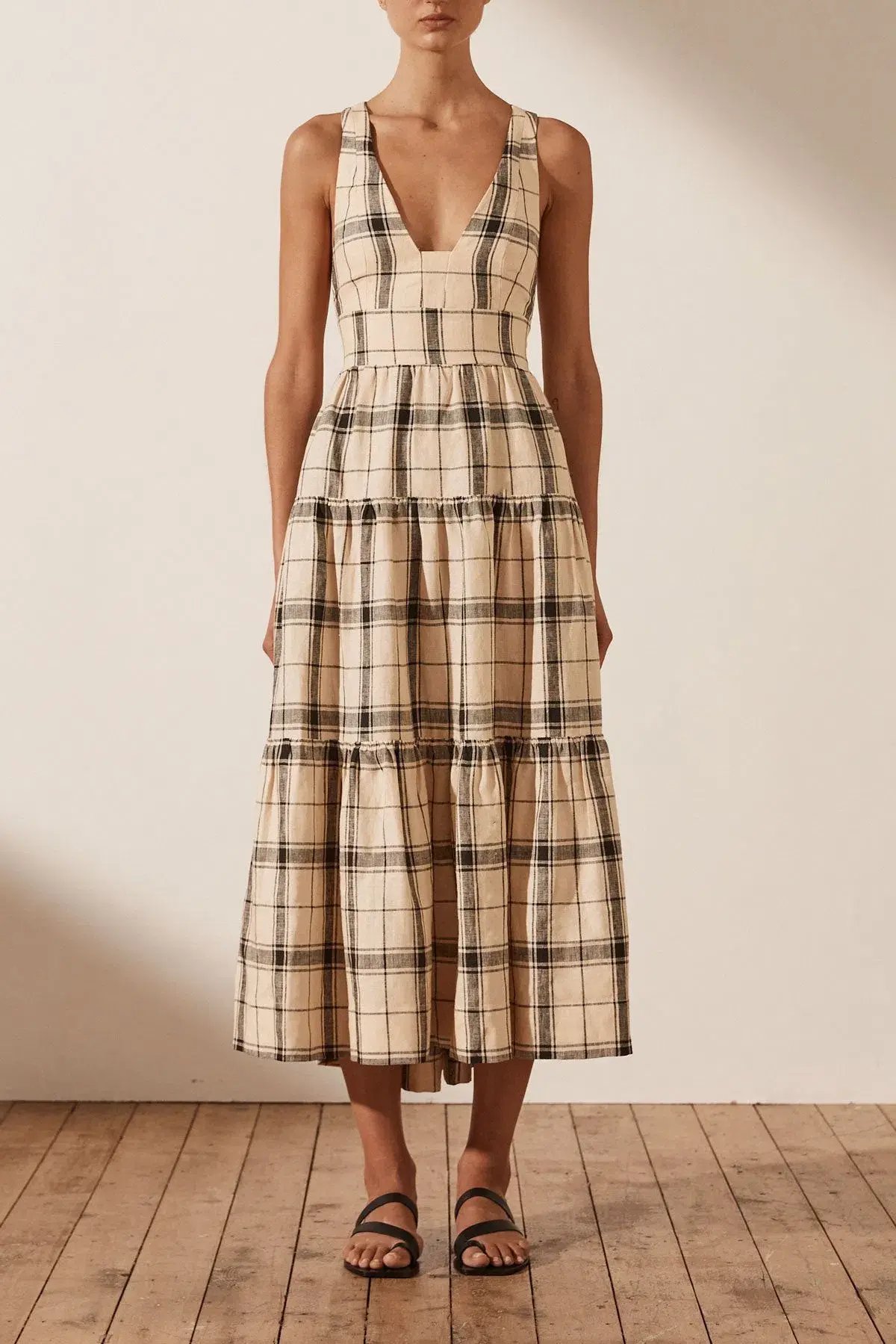 Shona Joy Linen Plunge Dress Cross Back Midi Dress Print Size 10 photo 2