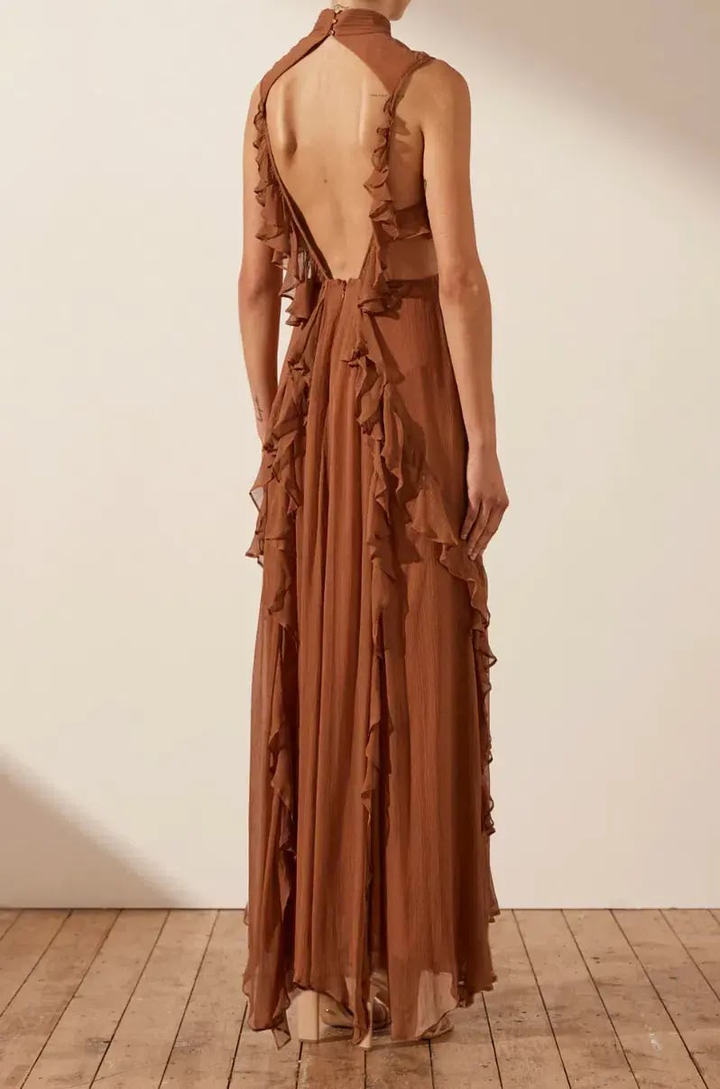 Shona Joy Leonie Backless Frill Maxi Dress in Almond Brown Size 6 photo 3