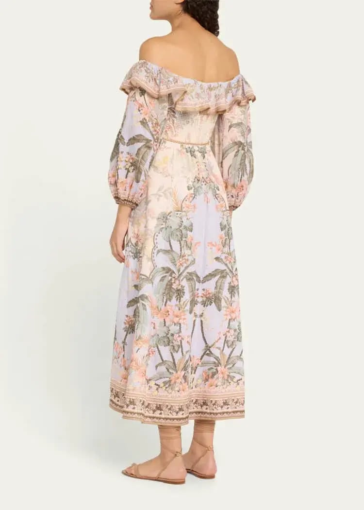 Zimmermann Wylie Off Shoulder Midi Dress Blue Floral Size 3 / AU 14 photo 6