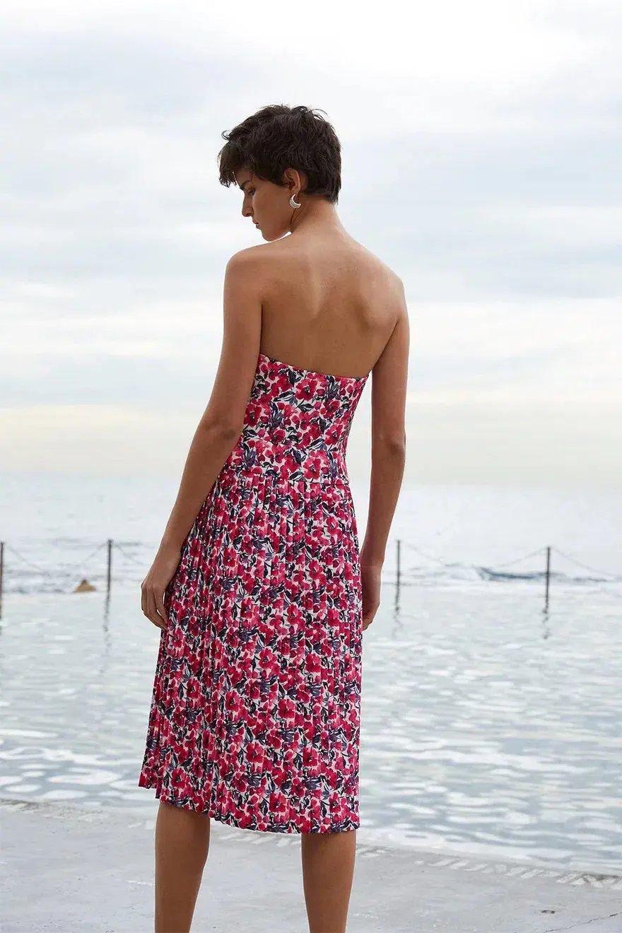 By Johnny Strapless Pleat Midi Dress Print Size 10 photo 2