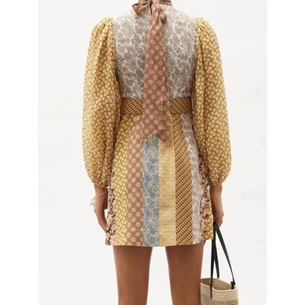 Zimmermann High Neck Patchwork Linen Mini Dress Brown Stripe Size 1 / AU 10 photo 3