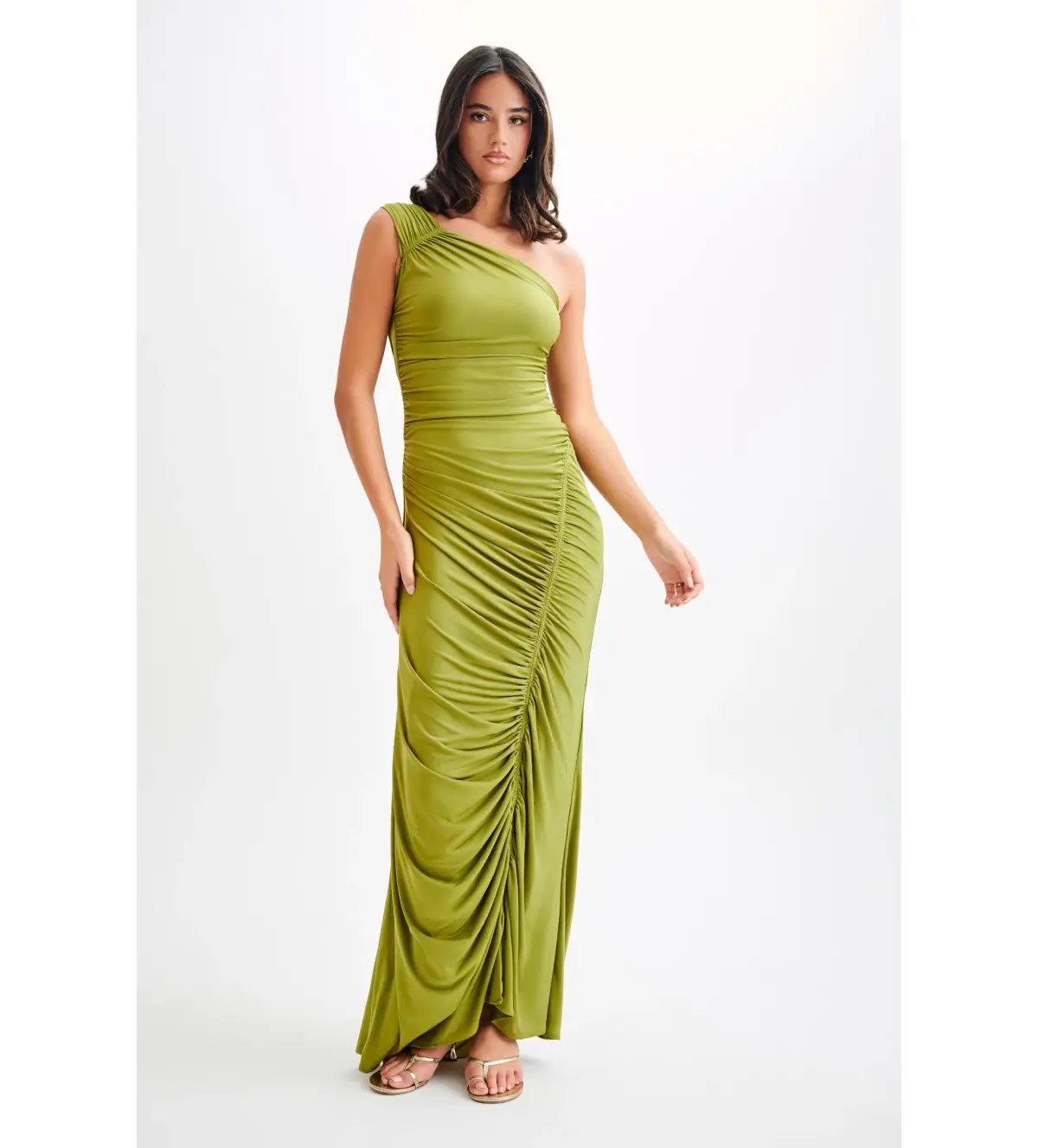 Meshki Capri Gathered Slinky Maxi Dress Vintage Olive Size 6/XS photo 2