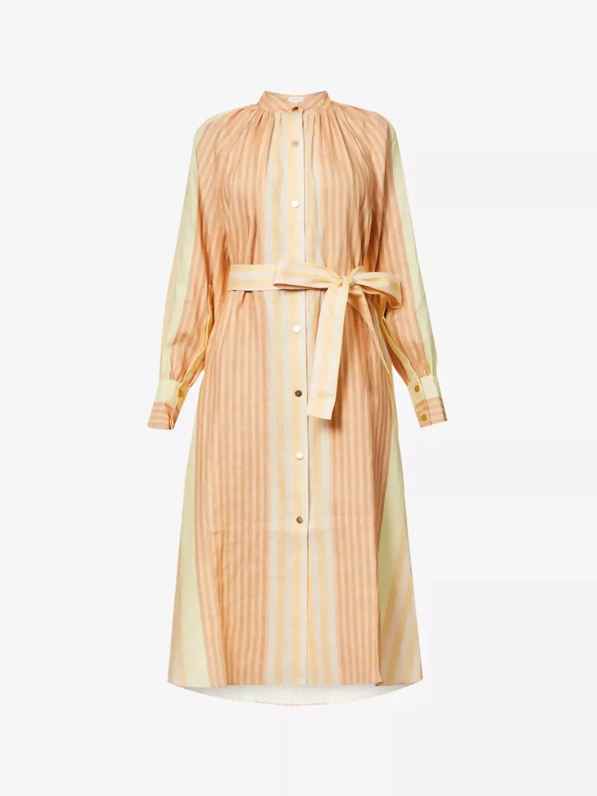 Oroton Striped Long Sleeve Belted Straight Fit Linen Midi Dress Almond Milk Size 12 photo 5