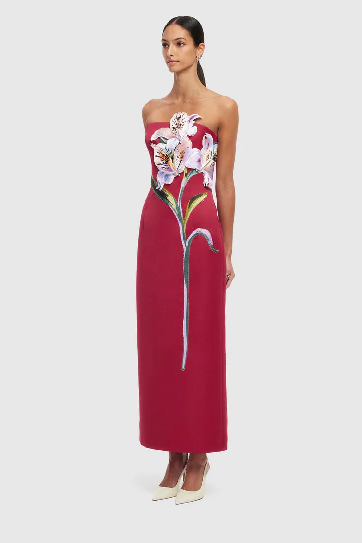 Leo Lin Rayna Appliqué Floral Maxi Dress - Lily Print in Oxblood photo 2