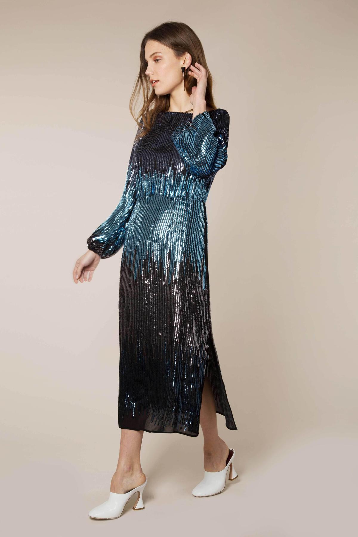Rixo London Coco Ombre Sequin Blouson Sleeve midi dress Size 12 photo 2