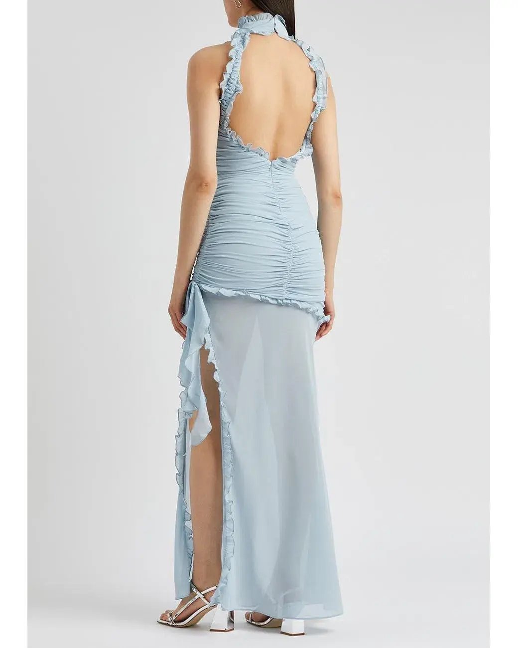 De La Vali Lilith Ruched Maxi Dress in Blue Chiffon Size 6 photo 5