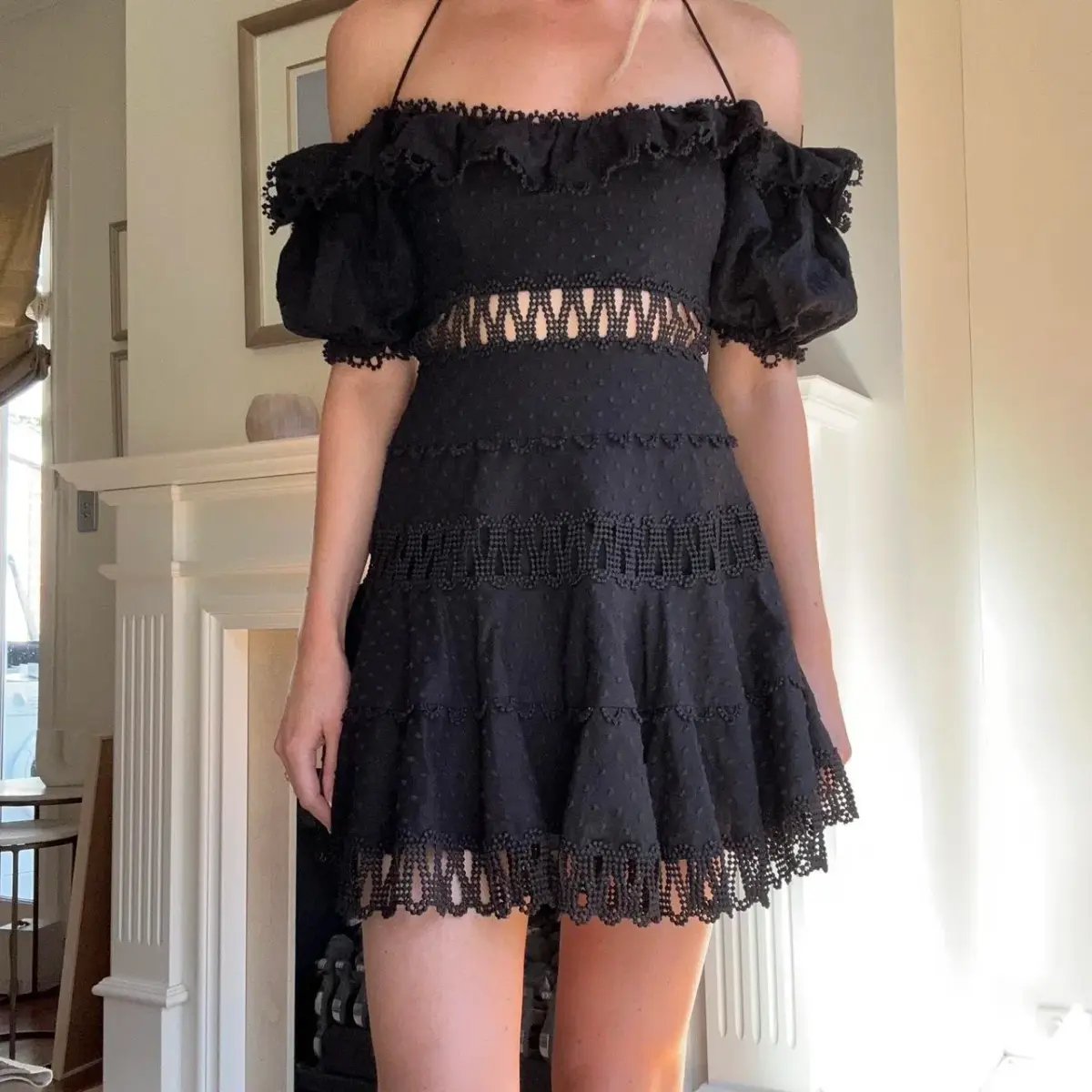 Zimmermann Melody Off Shoulder Linen And Cotton Blend Mini Dress Black Size 1 / AU 10 photo 5