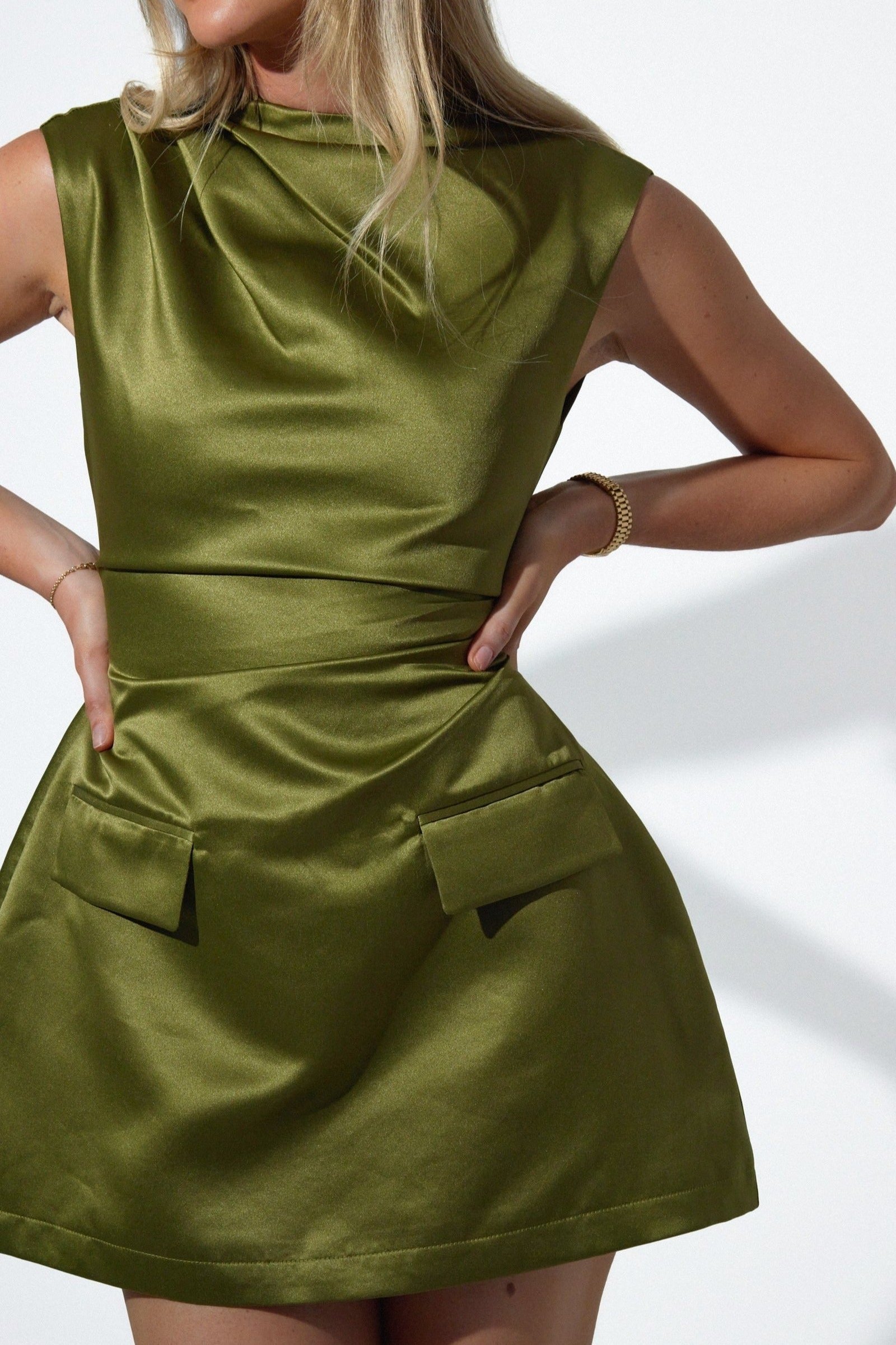 ODD MUSE THE ULTIMATE SATIN STRAIGHT NECK MINI DRESS - OLIVE photo 4