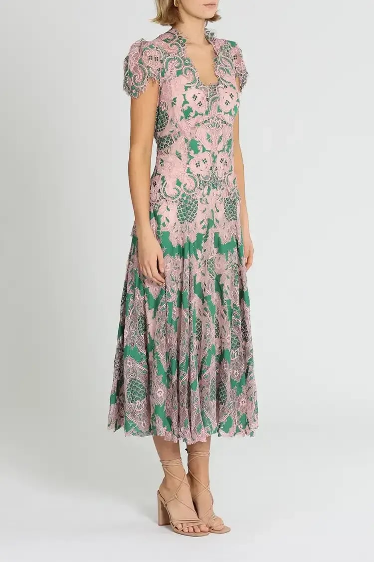Moss and Spy Sienna Cap Sleeve Midi Dress in Green and Pink Size 14 photo 2