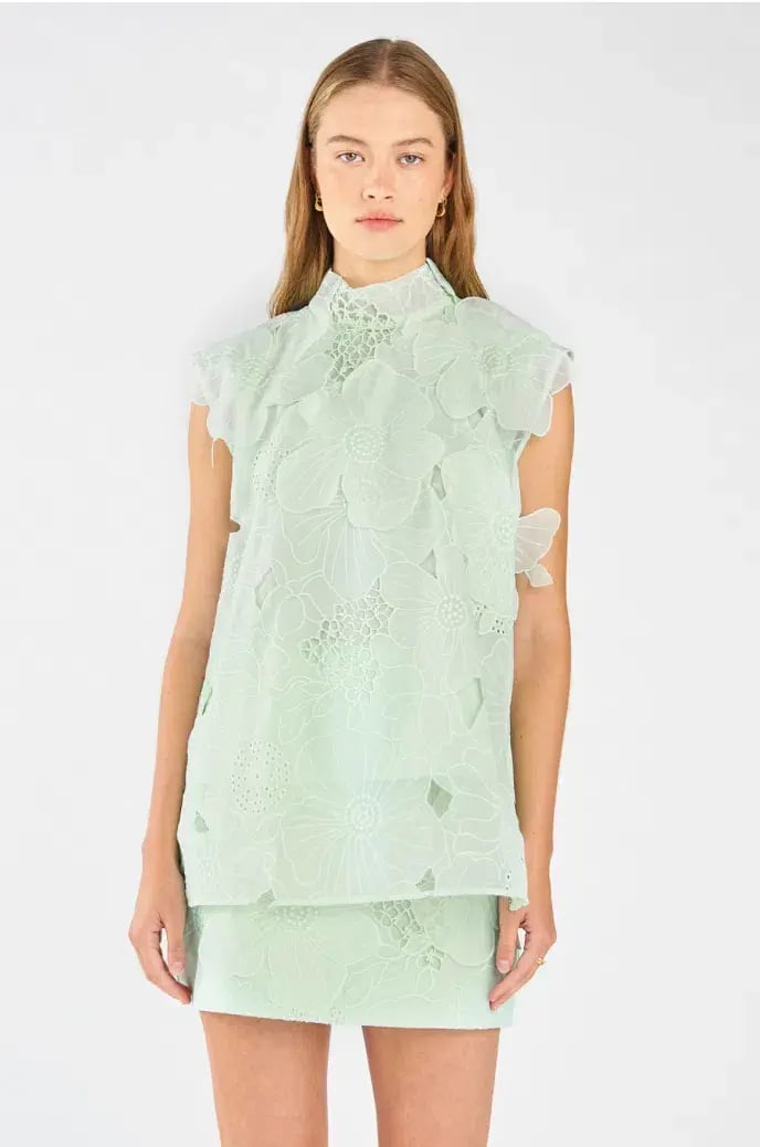Oroton Tie Neck Lace Top Size AU 8 & Lace Mini Skirt Size AU 10 Set Sea Spray photo 2