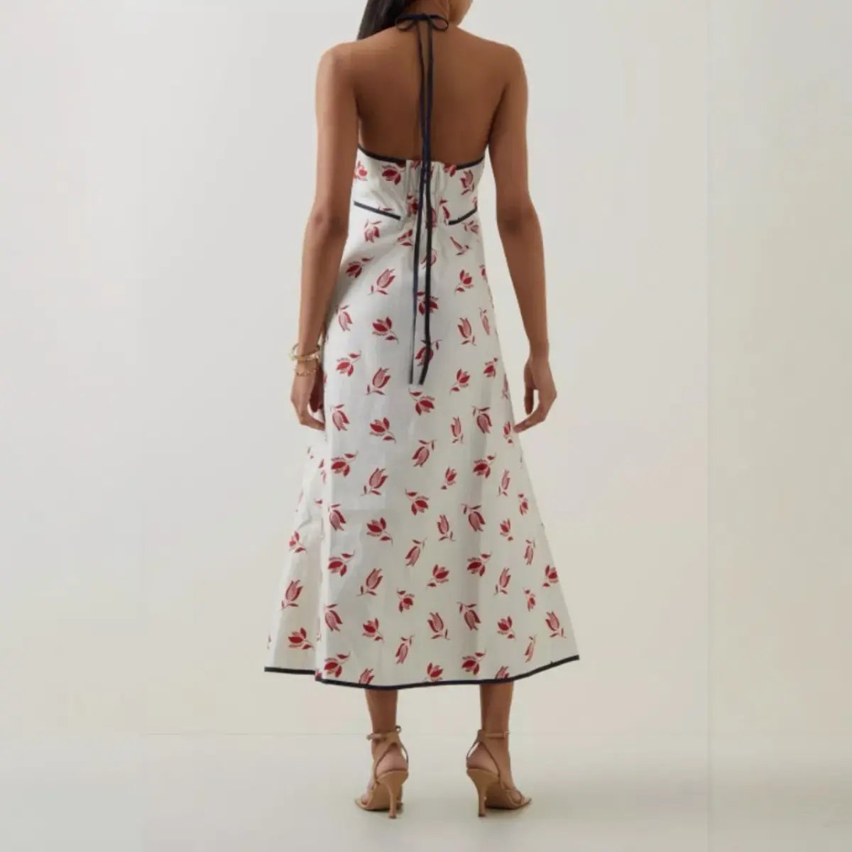 OROTON Dutch Tulip Halter Low Back Linen Midi Dress Ecru Size AU 14 photo 2