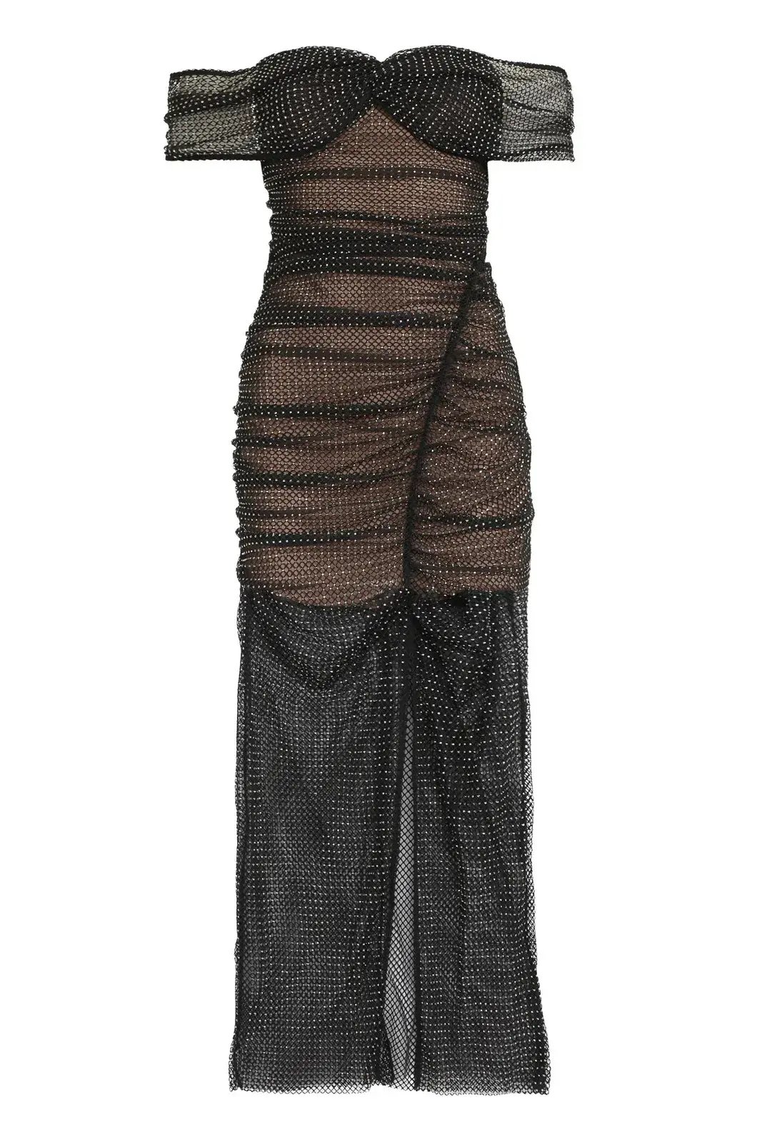 Self Portrait Diamante Fishnet Off Shoulder Midi Dress Black Size 10 photo 6