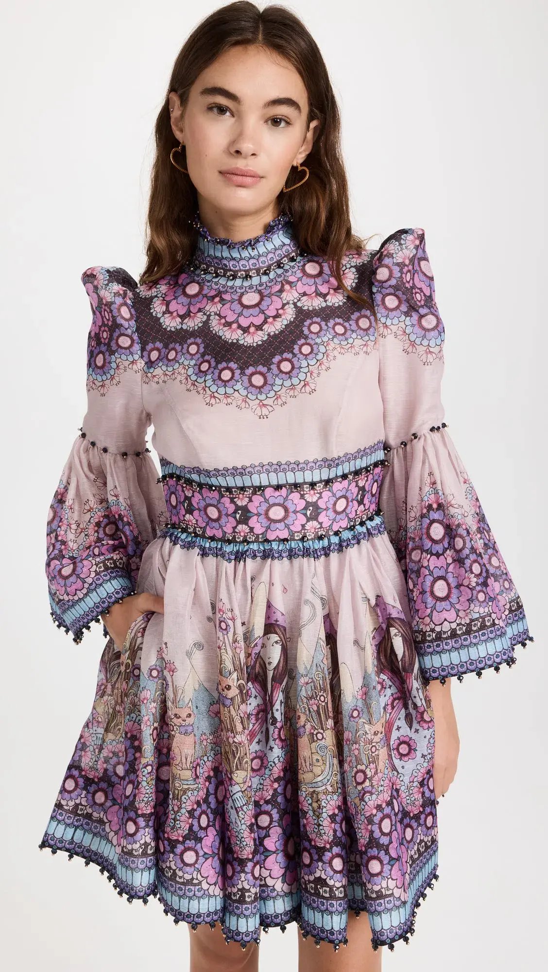 Zimmermann Celestial Bell Sleeve Mini Dress Gemini Zodiac Print Size 1 / Au 10 photo 3