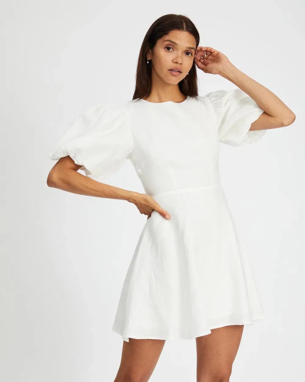 Aere Puff Sleeve Linen Mini Dress White Size 6 photo 2