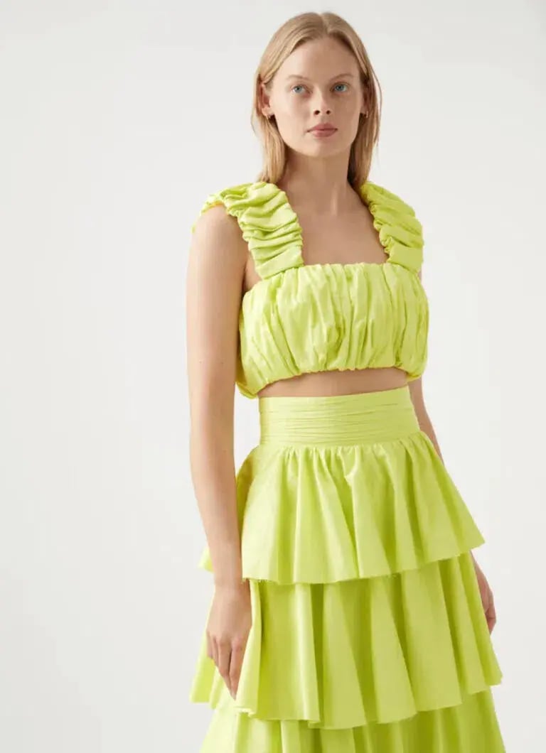 Aje Medina Ruched Top Size AU 12 and Tiered Midi Skirt Size AU 14 Set in Lemon photo 3