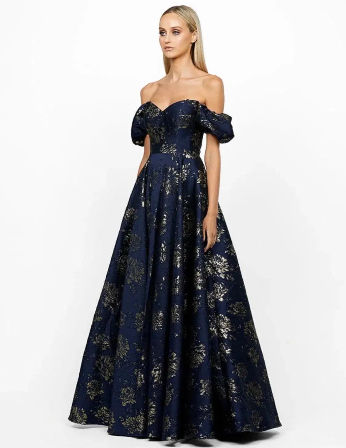 Bariano Sandy Sweetheart Off Shoulder Gown Navy/Gold Size 16 photo 5
