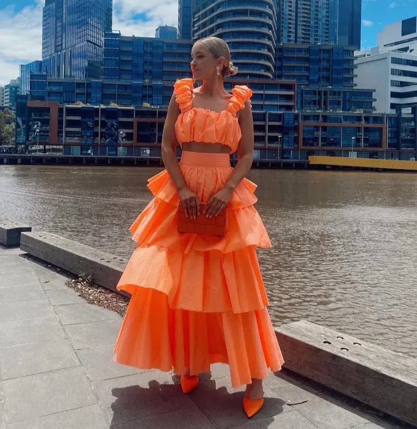Aje Medina Ruched Cropped Top and Tiered Midi Skirt Set Orange Size 8 / S photo 2