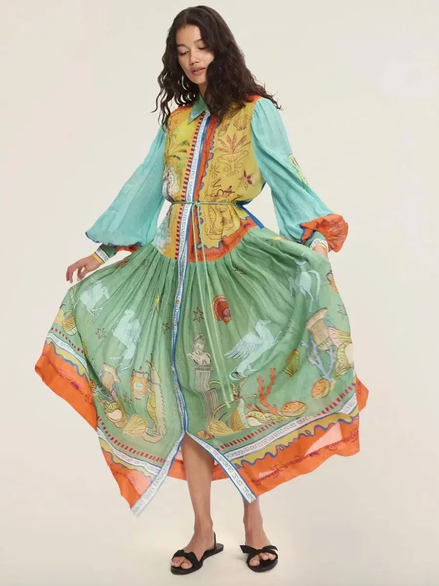 Alemais Surrealist Summer Ramie Shirtdress Midi Dress Print Size 16 photo 3