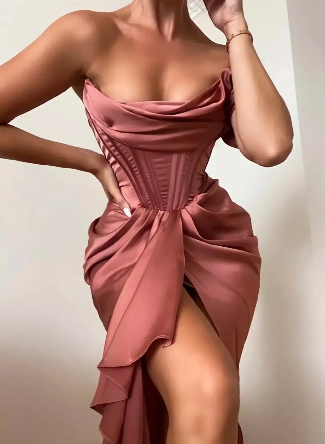 House of CB Janis Rouge Satin One-Shoulder Draped Midi Dress Pink Size 8 photo 6