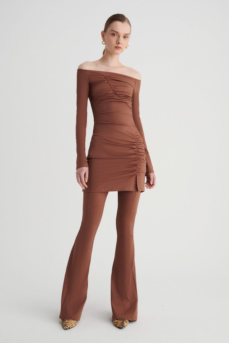 SUBOO IVY LONG SLEEVE OFF SHOULDER TUNIC DRESS - CHOCOLATE photo 2